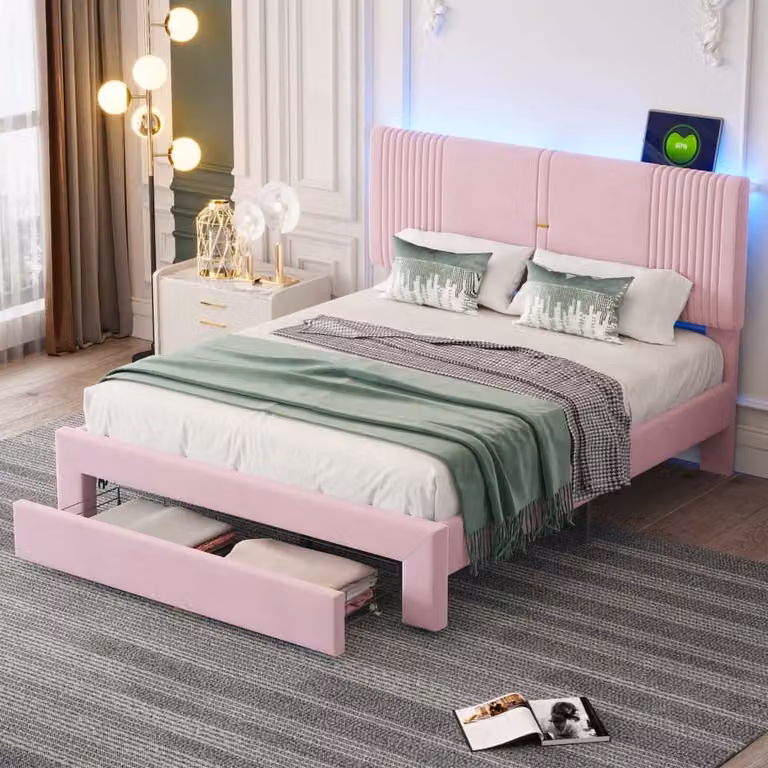 Letti imbottiti AIORBER, 140 x 200 cm, con illuminazione LED e USB, ampio cassetto, rivestimento in velluto, robusta struttura in metallo, letto matrimoniale, rosa