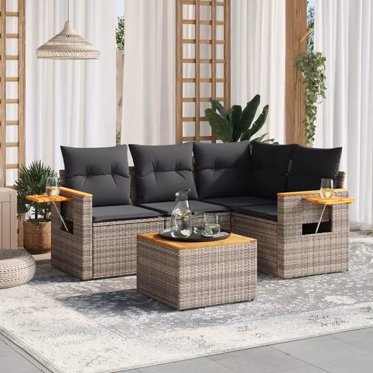 vidaXL Set Divano da Giardino a L 5 pz in Polyrattan Grigio con Cuscini e Tavolino da Caffè