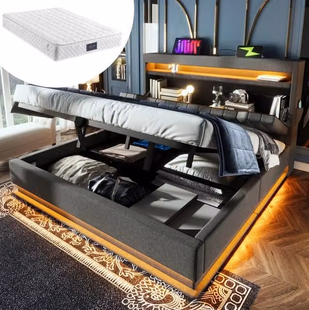 Letto imbottito 160x200 cm con LED, USB e materasso