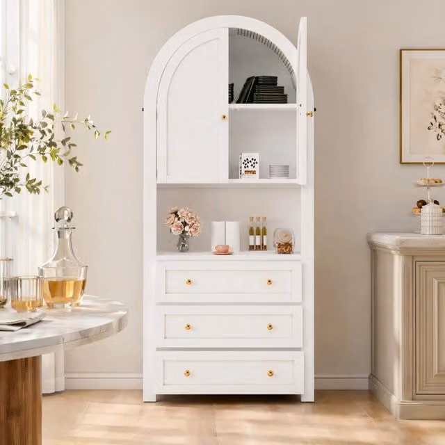 Mobiletto Alto con Arco Bianco in MDF con Cassetti e Ante Curvate per Cucina e Soggiorno 70x35x180 cm