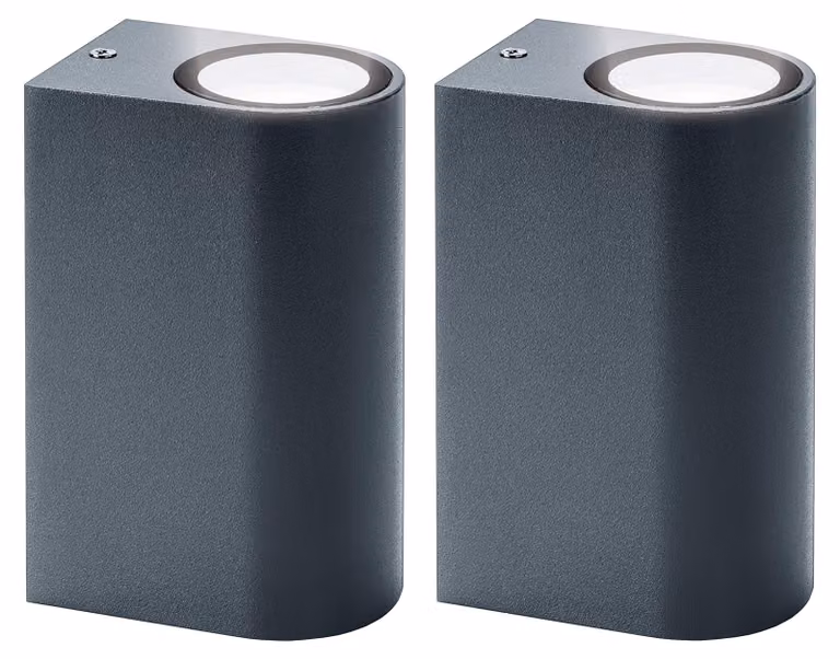 Confezione da 2 lampade da parete a luce direzionale, adatte per ambienti esterni (grado di protezione IP44), in alluminio, colore antracite, attacco GU10