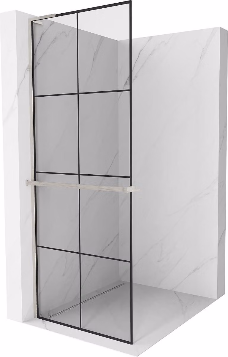 Mexen Kioto+ L parete doccia con mensola Walk-in 70 x 200 cm, griglia nera, nichel spazzolato - 800-070-123-97-77