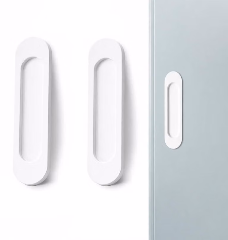 2 maniglie per porte scorrevoli in lega di alluminio, colore bianco opaco, dimensioni 148 x 35 mm, installazione senza foratura