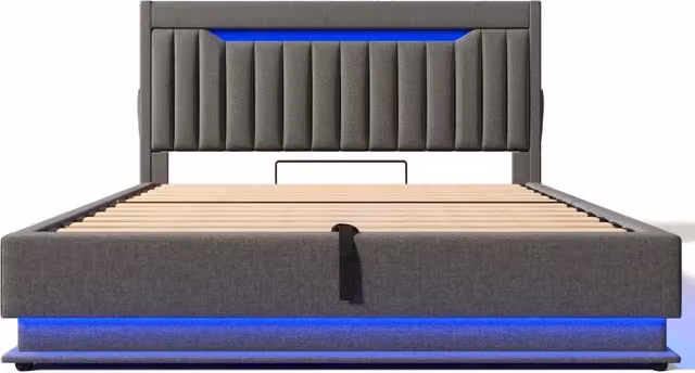 Letto imbottito 140x190 cm con contenitore, testiera con prese USB e Type-C, illuminazione LED integrata, struttura in lino grigio senza materasso