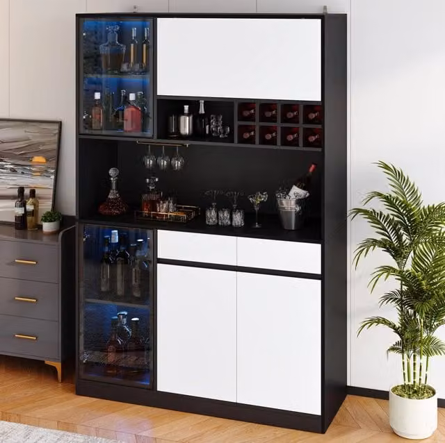 Mobile alto multifunzione in MDF con illuminazione LED, vetrina e ripiani, nero e bianco, 120x35x180 cm