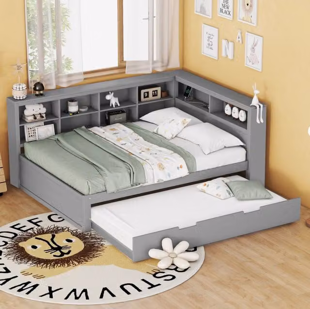 Letto matrimoniale multifunzionale MODFU grigio con letto estraibile e porte USB, L/P: 140 x 200 cm