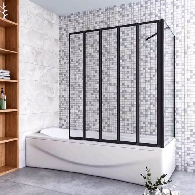 Parete Vasca Doccia 120x65cm Sopravasca Angolare 5 Ante Pieghevoli Vetro Temperato Trasparente da 4 mm con Parete Laterale da 6 mm H.140cm Telai Neri Opachi