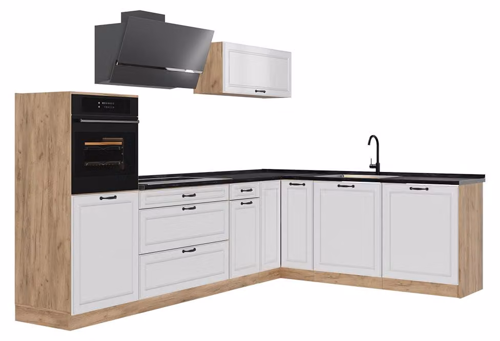 Cucina angolare completa Vicco R-Line Bianco country/Rovere dorato 287 x cm senza piano di lavoro, Model 68157