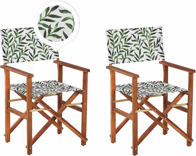 Set di 2 sedie da regista BELIANI in legno di acacia marrone scuro con tessuto floreale bianco sporco, pieghevoli e con braccioli – 1