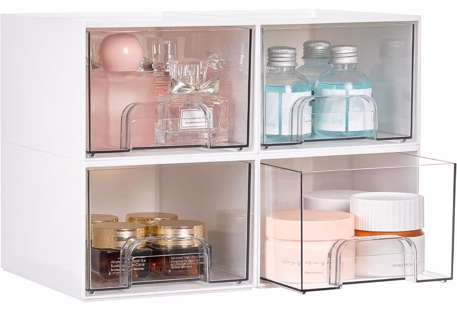 Set di 4 contenitori impilabili con cassetti, colore bianco, in acrilico