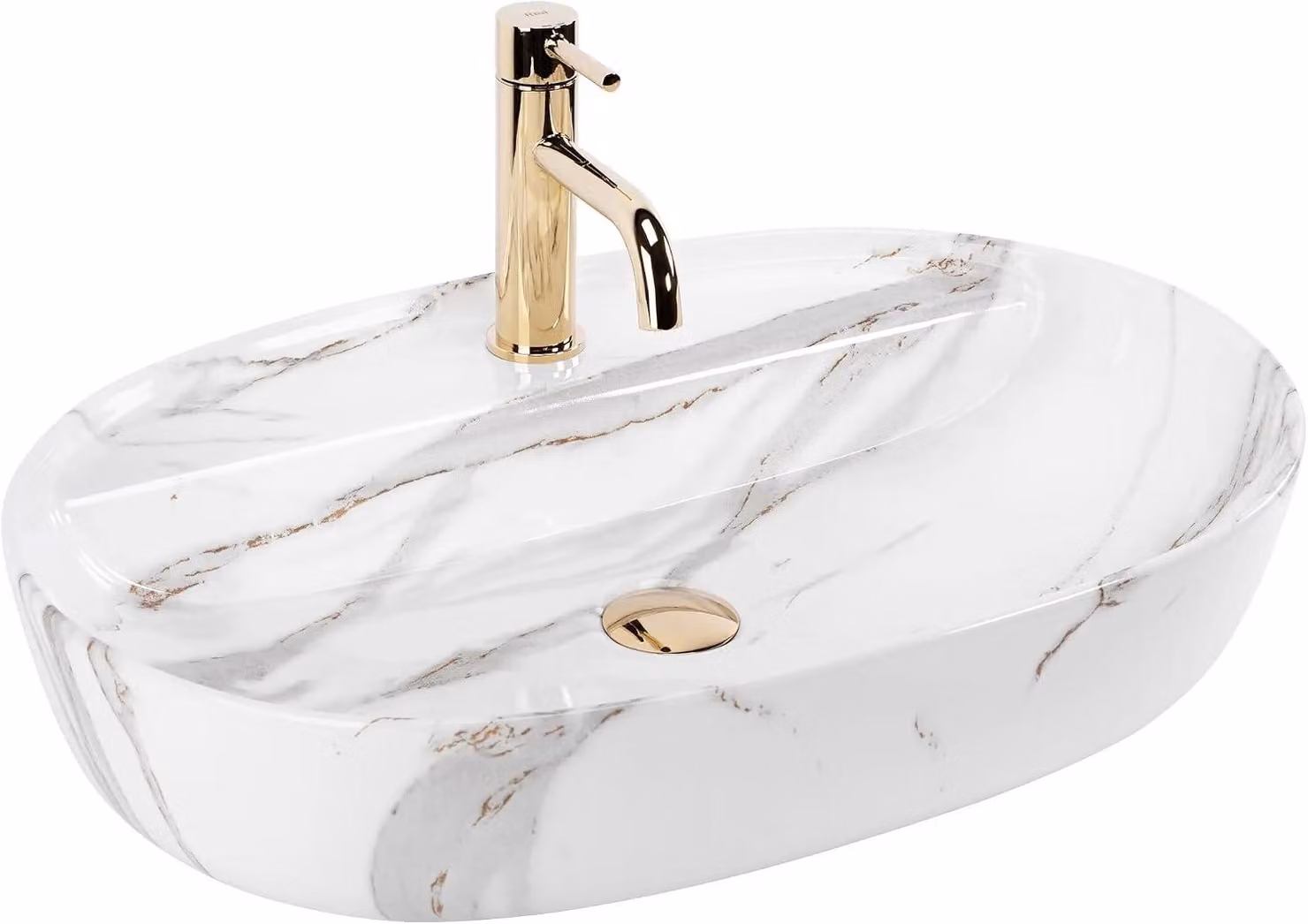 Lavabo da appoggio ovale in Vetroceramica bianca, dimensioni 61 x 41 cm, con foro per rubinetto, marca VBChome, modello Aiax. Lavabo in Vetroceramica