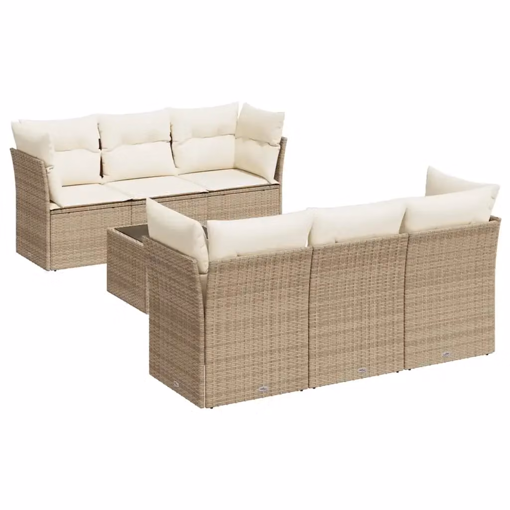 Set di divani da giardino vidaXL 7 pezzi con cuscini beige e tavolino in vetro e struttura in acciaio rivestita in rattan per esterno – 2