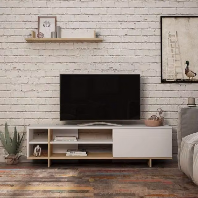 Mobile porta TV Stockton moderno con mensola a muro in legno, colore bianco, L: 160,0 cm, P: 35,5 cm, H: 44,0 cm