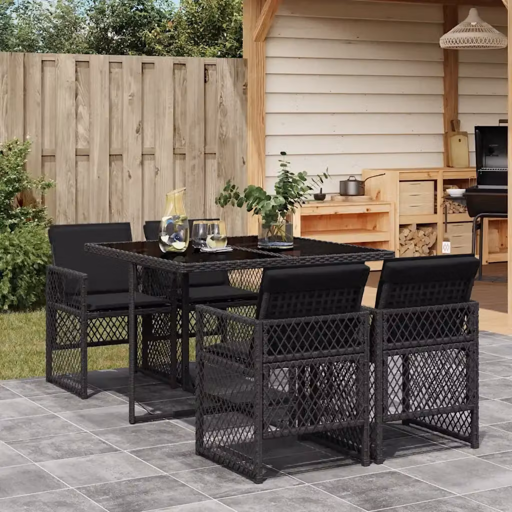 Set da Pranzo da Giardino 5 pz in Polyrattan Nero con Piano in Vetro per Terrazza e Giardino – 2