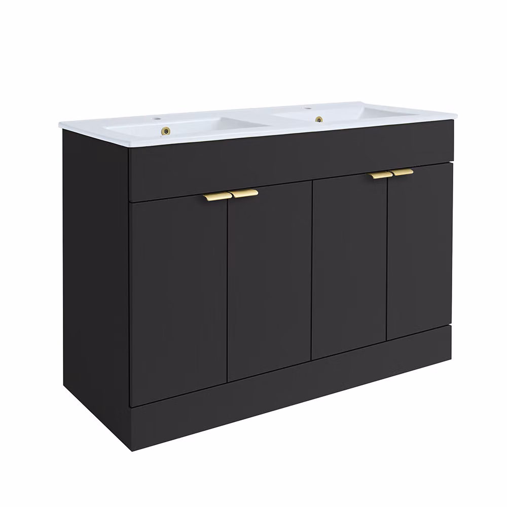 Mobile Bagno a Terra Grigio Nero da 1210mm con Doppio Lavabo e Maniglie con Impugnatura a Dito in Oro Satinato - Cluo