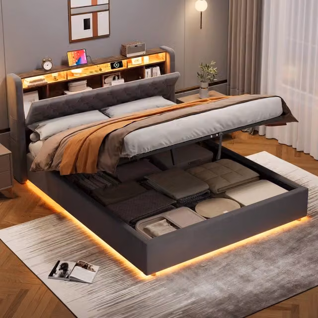 Desviae Letto imbottito matrimoniale 160 × 200 cm con contenitore e testiera contenitore in velluto grigio scuro