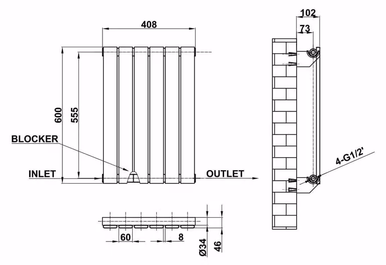 Radiatore orizzontale, colore antracite, dimensioni 600x408 mm, adatto per il soggiorno