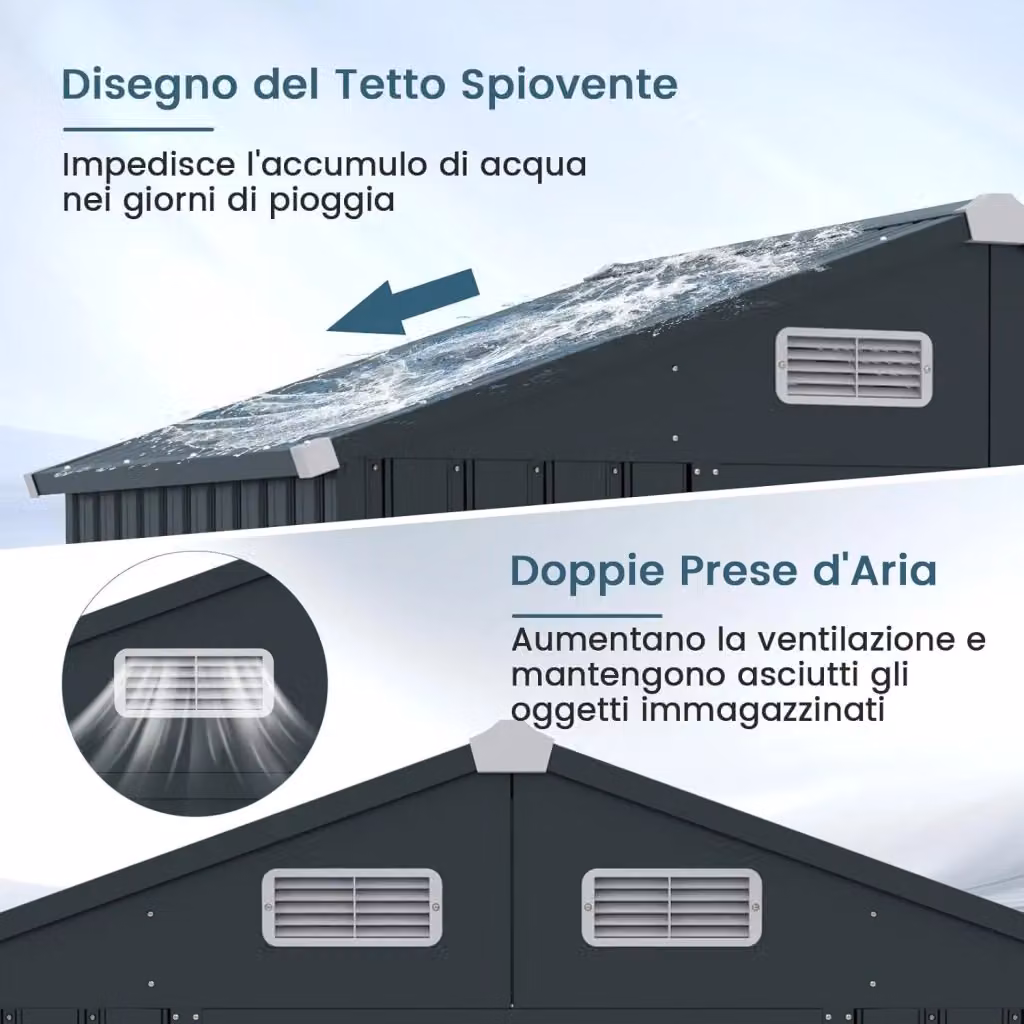 Casetta da Giardino Multifunzionale Costway in Acciaio Zincato Grigio Antracite con Tetto Inclinato e Porte Scorrevoli L: 192,5 cm, P: 129 cm, H: 196 cm – 2
