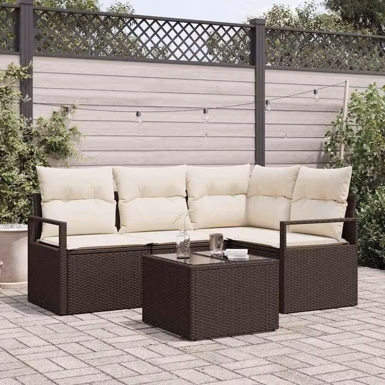 Maison Exclusive - Set di divani componibili, 5 pezzi, color marrone e crema, in rattan sintetico