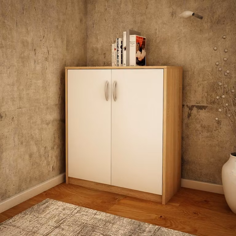 Comodino largo 74 cm, finitura opaca, ampio spazio di stoccaggio. Mobiletto contenitore con maniglie in polimero di alta qualità, colore bianco Sonoma