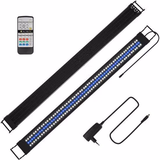 Illuminazione a LED per acquari, 45W - Lunghezza 117,5 cm - Possibilità di cambiare colore tramite telecomando - Dimmerabile - Grado di protezione IP44 - Funzione timer, funzione alba e tramonto