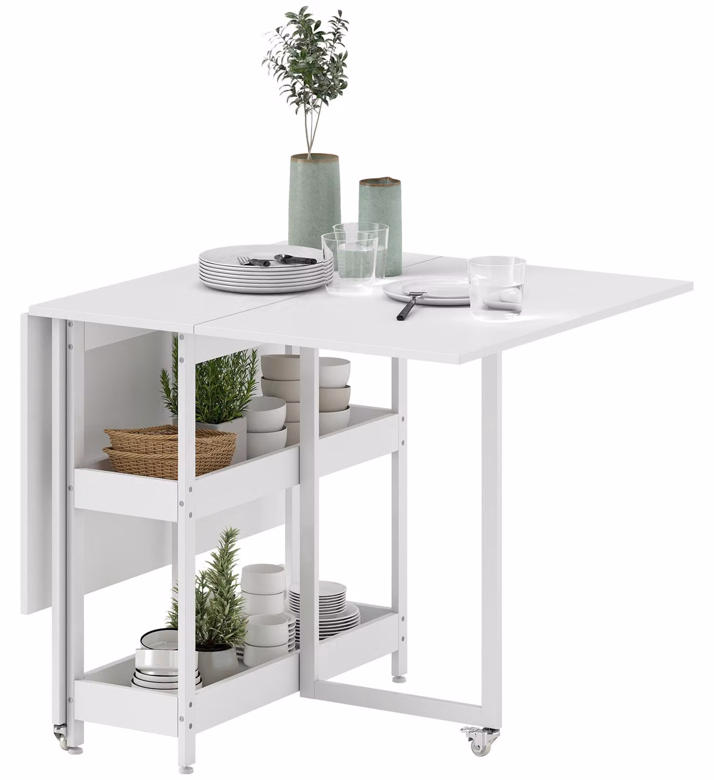 HOMCOM Tavolo da pranzo pieghevole da cucina per 4 persone con 2 ripiani aperti e rotelle