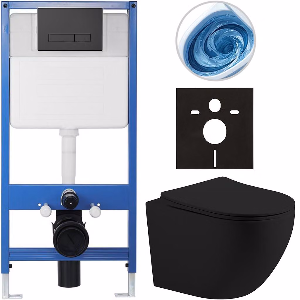 CERANO - Set completo per WC da incasso Lite/Cesso - nero opaco - Pulsante per WC Slim, nero opaco - Installazione a parete/cartongesso - 49x36 cm