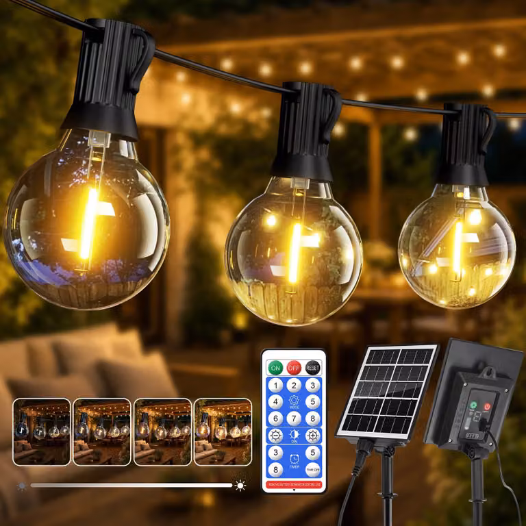 Catena luminosa solare Hoteril G40 per esterni, 15 metri – 19+2 luci LED in plastica PET, 2200K luce calda, grado di protezione IP65, 8 modalità + timer + ricaricabile tramite USB, batteria da 2400mAh per balcone, giardino, terrazza