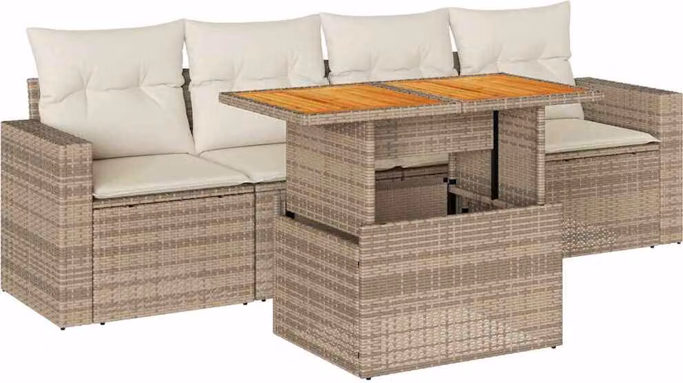 Set Divano da Giardino 5 pz con Cuscini Beige in Polyrattan