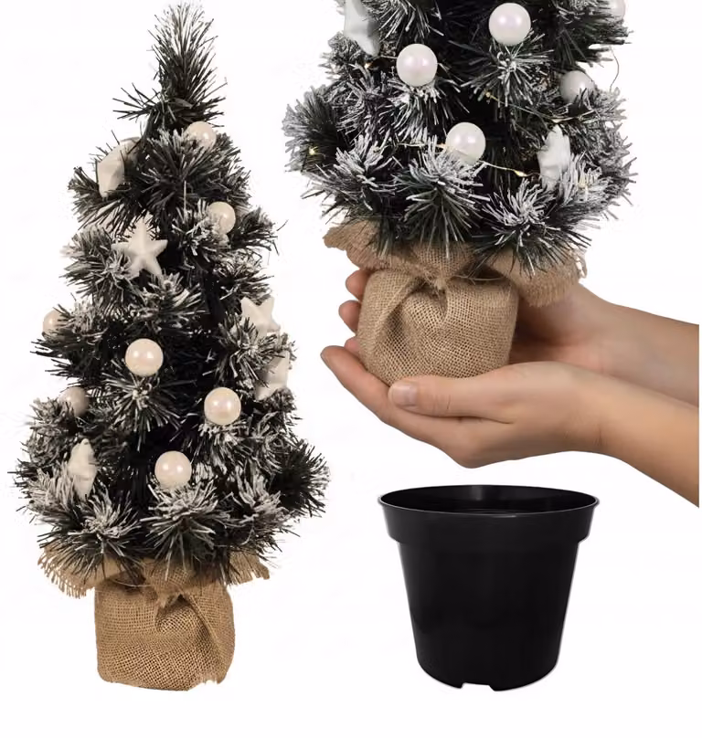 Piccolo albero di Natale artificiale, 65 cm, albero di Natale innevato con decorazioni bianche in un vaso di juta