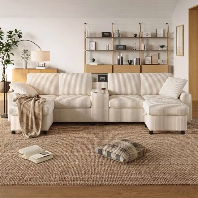 Divano panoramico a U Mivray in velluto a coste beige con 2 pouf contenitore, tavolino e prese di ricarica USB, L: 315 cm, P: 81 cm, H: 135 cm