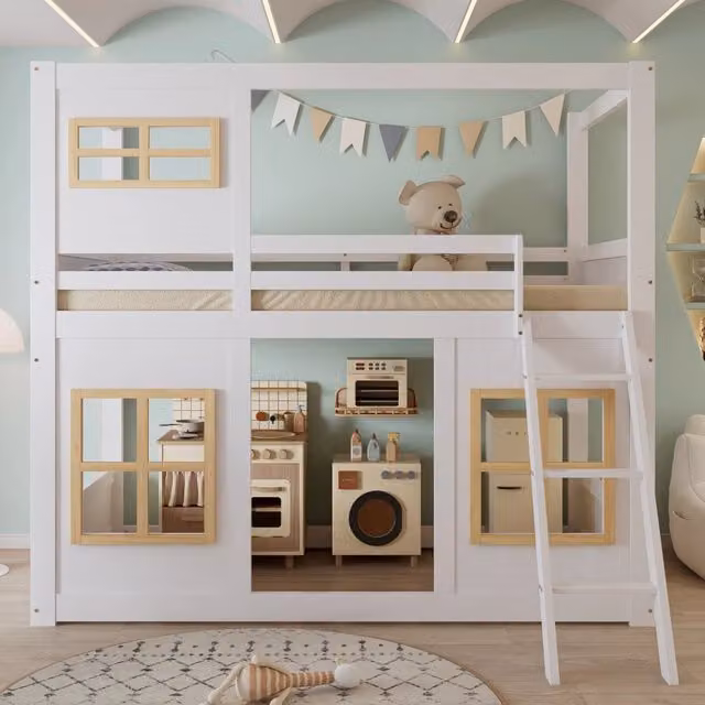 Letto a castello per bambini 90×200 cm con finestre, scala stabile, protezione su 4 lati, senza materasso