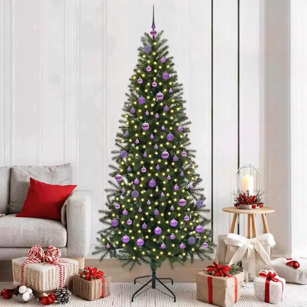 Albero di Natale artificiale moderno verde in PE e PVC con 300 LED luce bianca calda, Altezza: 210 cm – 2