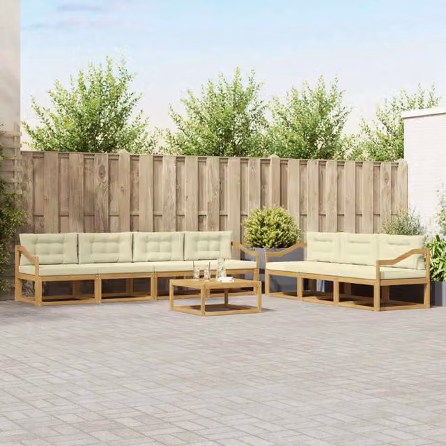 Set di divani da esterno a forma di U vidaXL in legno di acacia con tavolo da caffè, 7 pezzi, Bianco e Beige