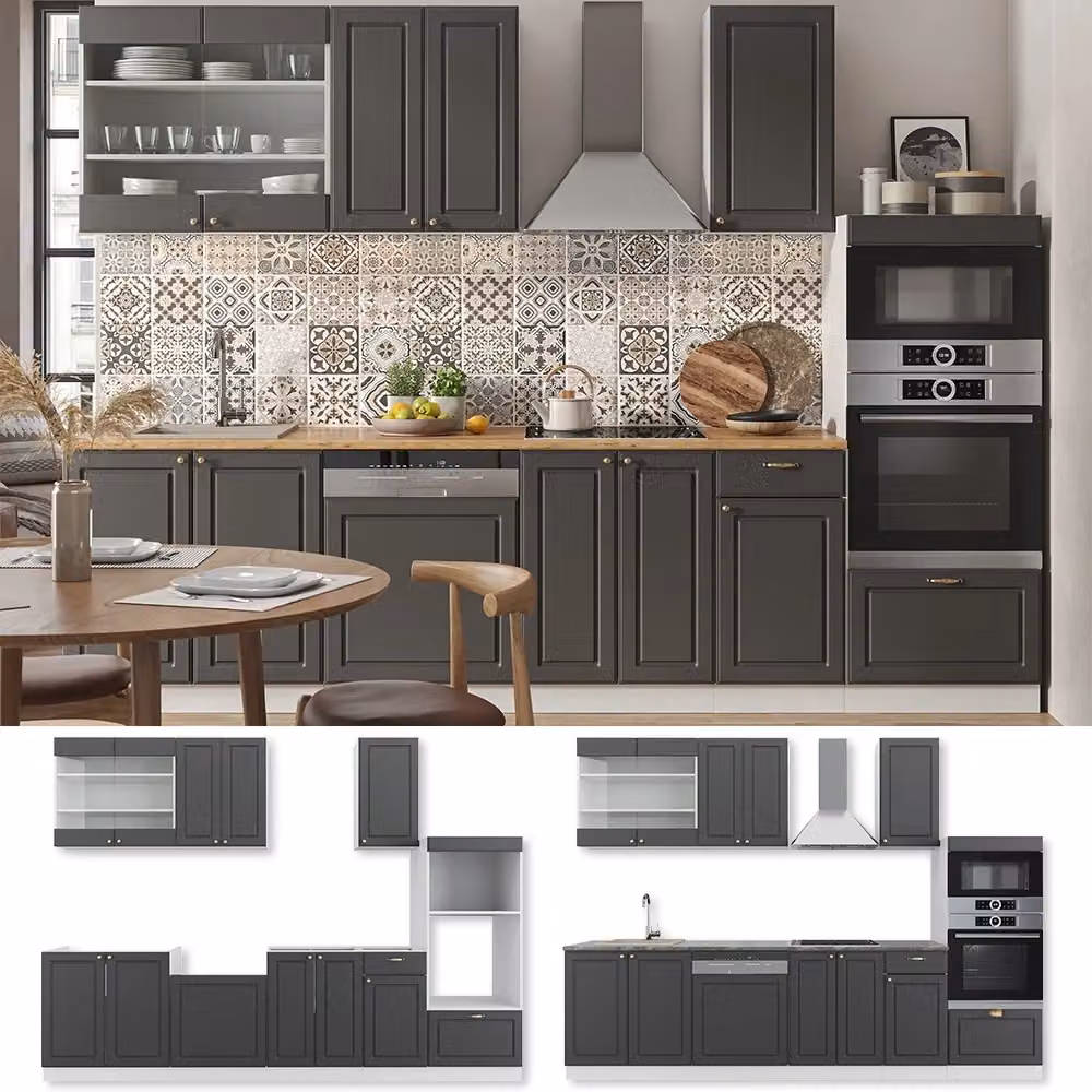 Cucina componibile moderna Fame-Line Vicco colore antracite, oro e bianco con armadio alto e piano in marmo, L: 300 cm – 2