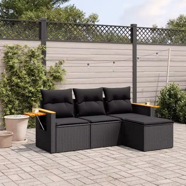 Set Divani da Giardino 4 pz con Cuscini Nero in Polyrattan 3226741