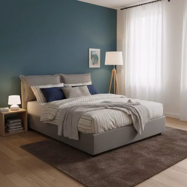 Letto matrimoniale contenitore Askari di Talamo Italia con rivestimento in tessuto grigio, adatto per materasso 140x190 cm