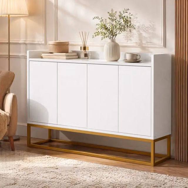 Credenza MIVRAY a quattro ante con ripiani regolabili e apertura a pressione, finitura bianca opaca, L 120 cm x P 30 cm x H 80 cm