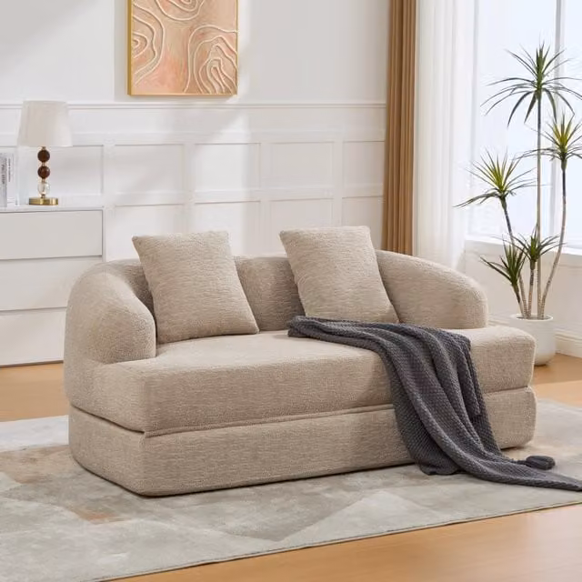 Divano letto pieghevole WISHDOR a 2 posti in tessuto chenille beige con cuscini, ideale per soggiorno e camera da letto