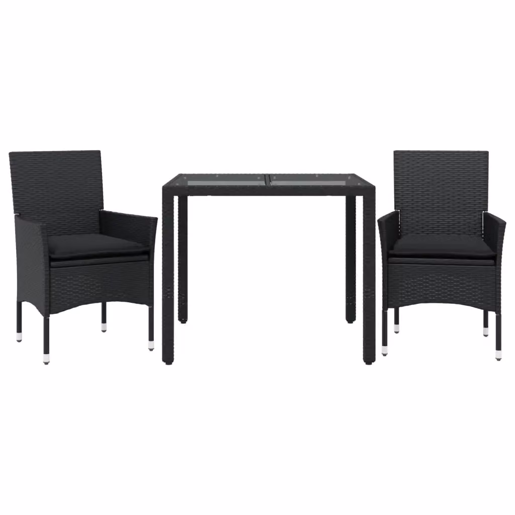 Set da Pranzo da Giardino 3 pz vidaXL in Polyrattan e Vetro Nero con Cuscini – 2