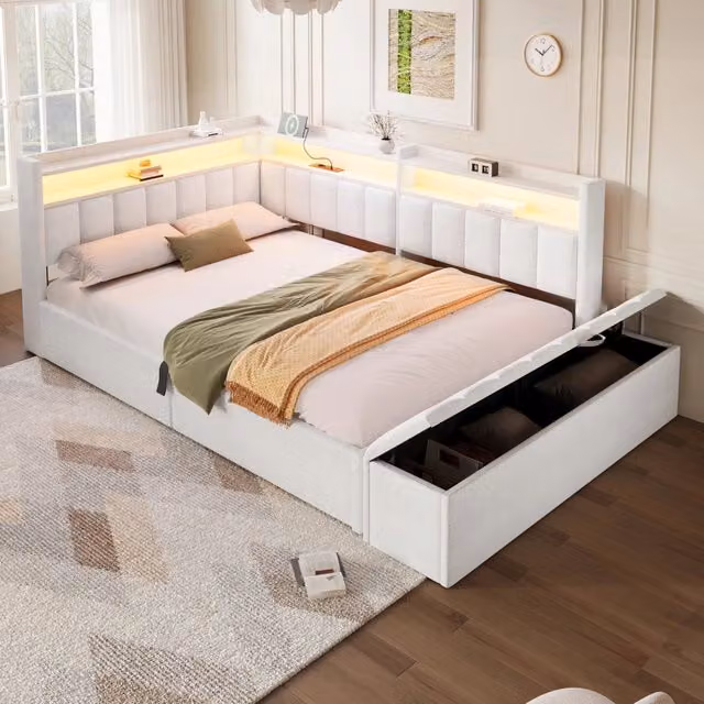 Letto contenitore 140 x 200 cm con contenitore idraulico, LED e USB-A/Type-C, imbottito in velluto bianco crema con panca contenitore mobile e contenitori