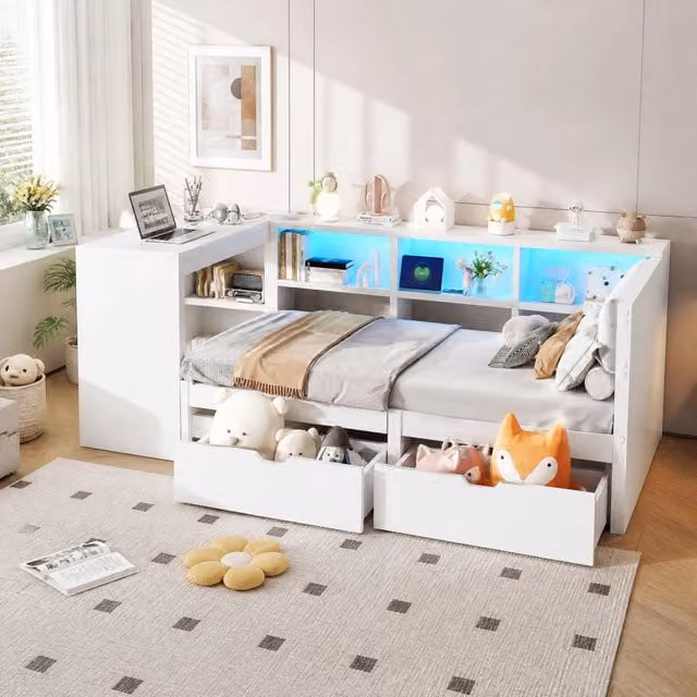Letto singolo a piattaforma 90 × 200 cm con testiera imbottita due cassetti ricarica USB LED bianco