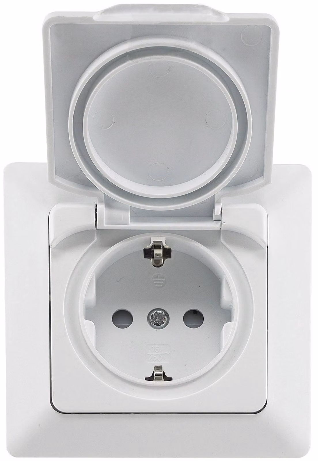 Presa MILOS con contatto di terra IP44 250V~/ 16A, con telaio da incasso bianco opaco