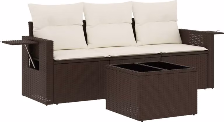 Set Divano da Giardino 4 pz con Cuscini Marrone in Polyrattan