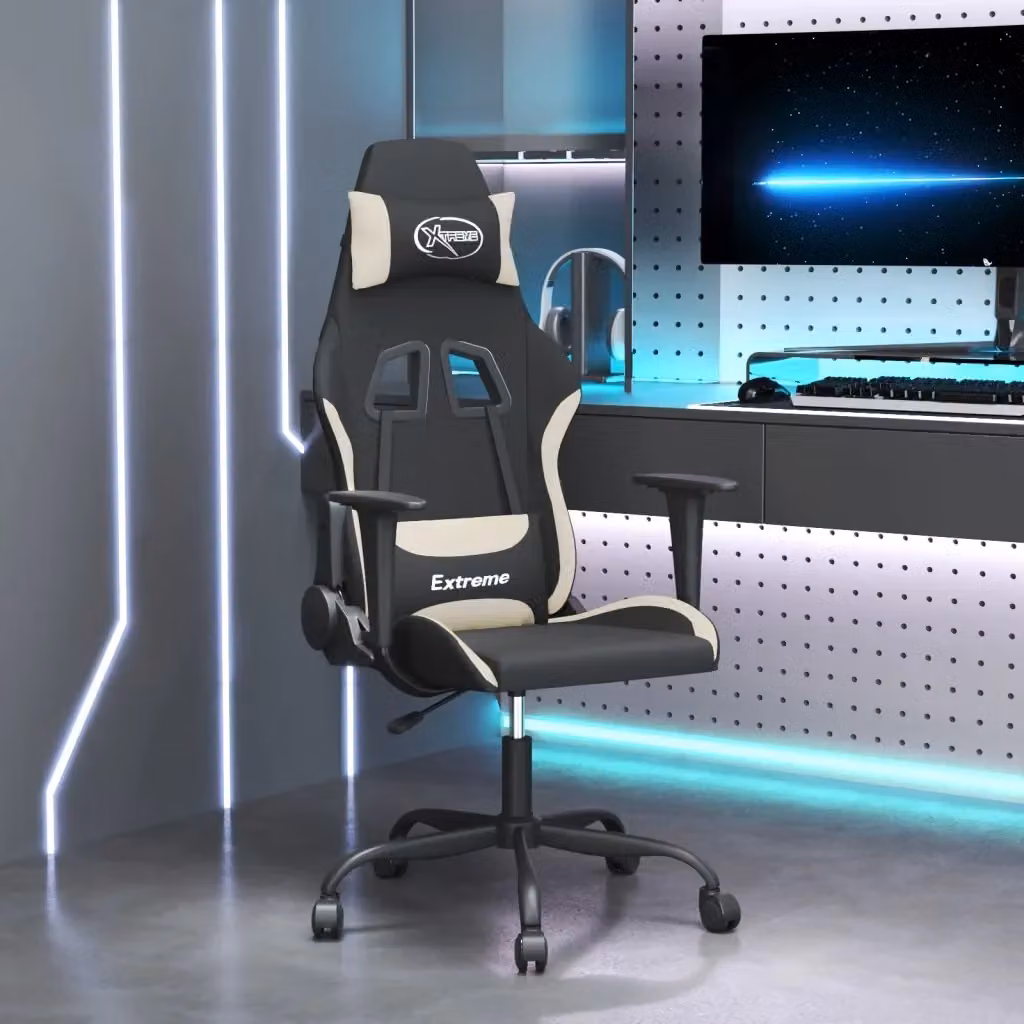 Sedia da Gaming Sportiva per Adulti in Tessuto Nero e Beige con Poggiatesta, Braccioli e Ruote, Girevole a 360 Gradi – 2