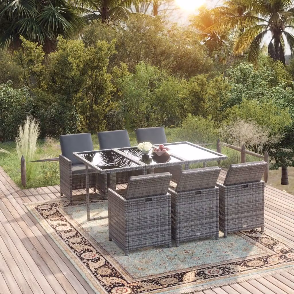 The Living Store Set da pranzo da giardino 7 pezzi con cuscini in poly rattan grigio