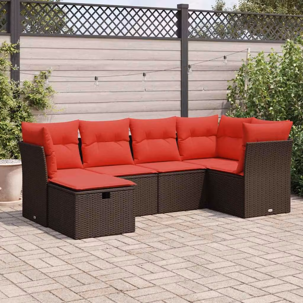 Set Divano da Giardino vidaXL 6 pz a Forma a L con Cuscini, Polyrattan e Struttura in Metallo, Marrone e Rosso