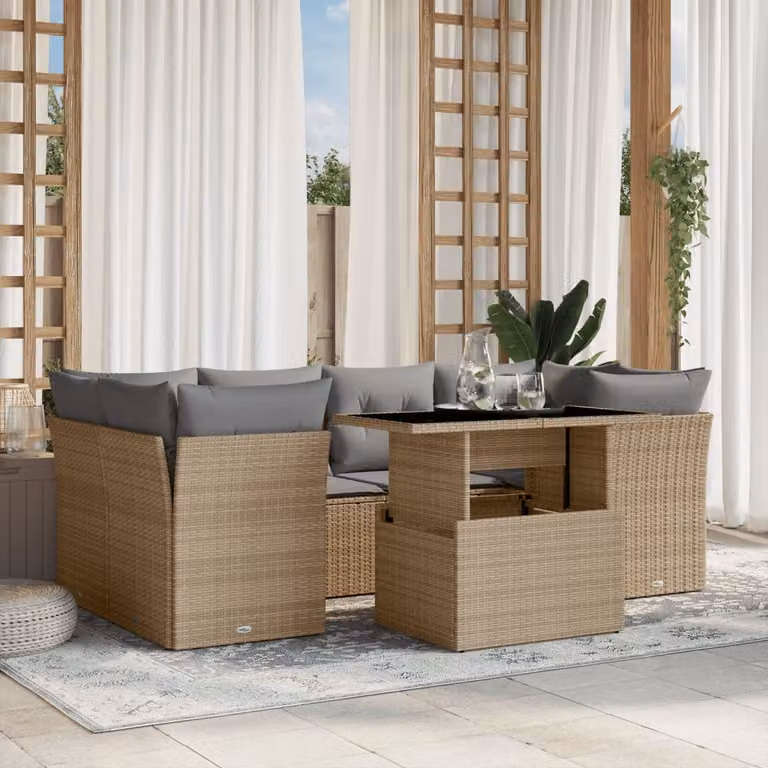vidaXL Set Divani da Giardino 7 pz a Forma L con Cuscini Beige e Tavolino in Vetro