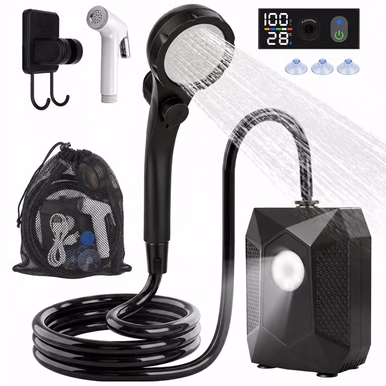 MIAJARD Doccia portatile da campeggio con batteria da 6000mAh e luce da campeggio, doccia da campeggio con pompa dell'acqua, 5 livelli di pressione, doccia esterna per giardino, campeggio, animali domestici