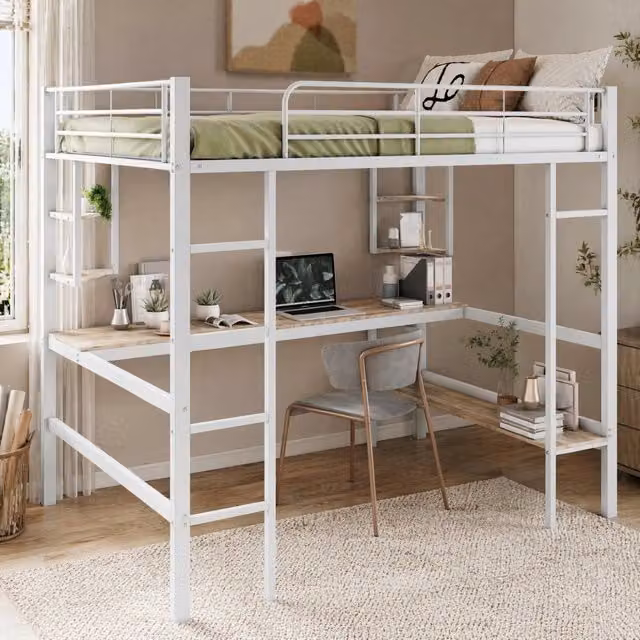 Letto a soppalco con scrivania REDOM in metallo e MDF bianco L/P: 140 x 200 cm